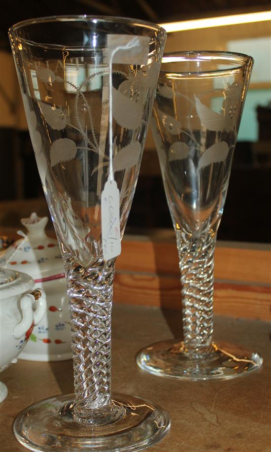 A pair of Jacobite style large glass goblets, early 20th century, 30.5cm(-)